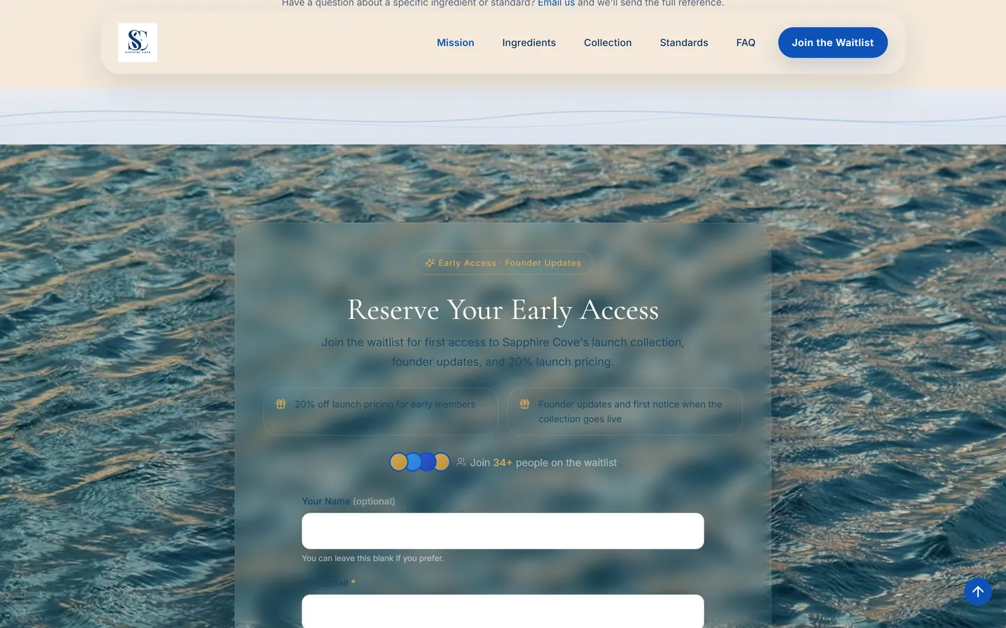 Sapphire Cove waitlist section with Reserve Your Early Access form over a deep-blue water photograph; visible 20% launch pricing benefit and member counter.