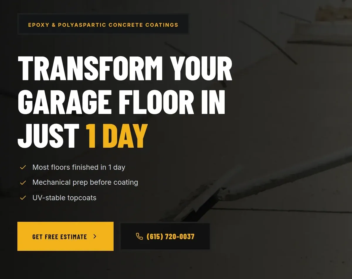 Homepage screenshot of True Finish Concrete Coatings, a Nashville-area concrete and epoxy contractor.