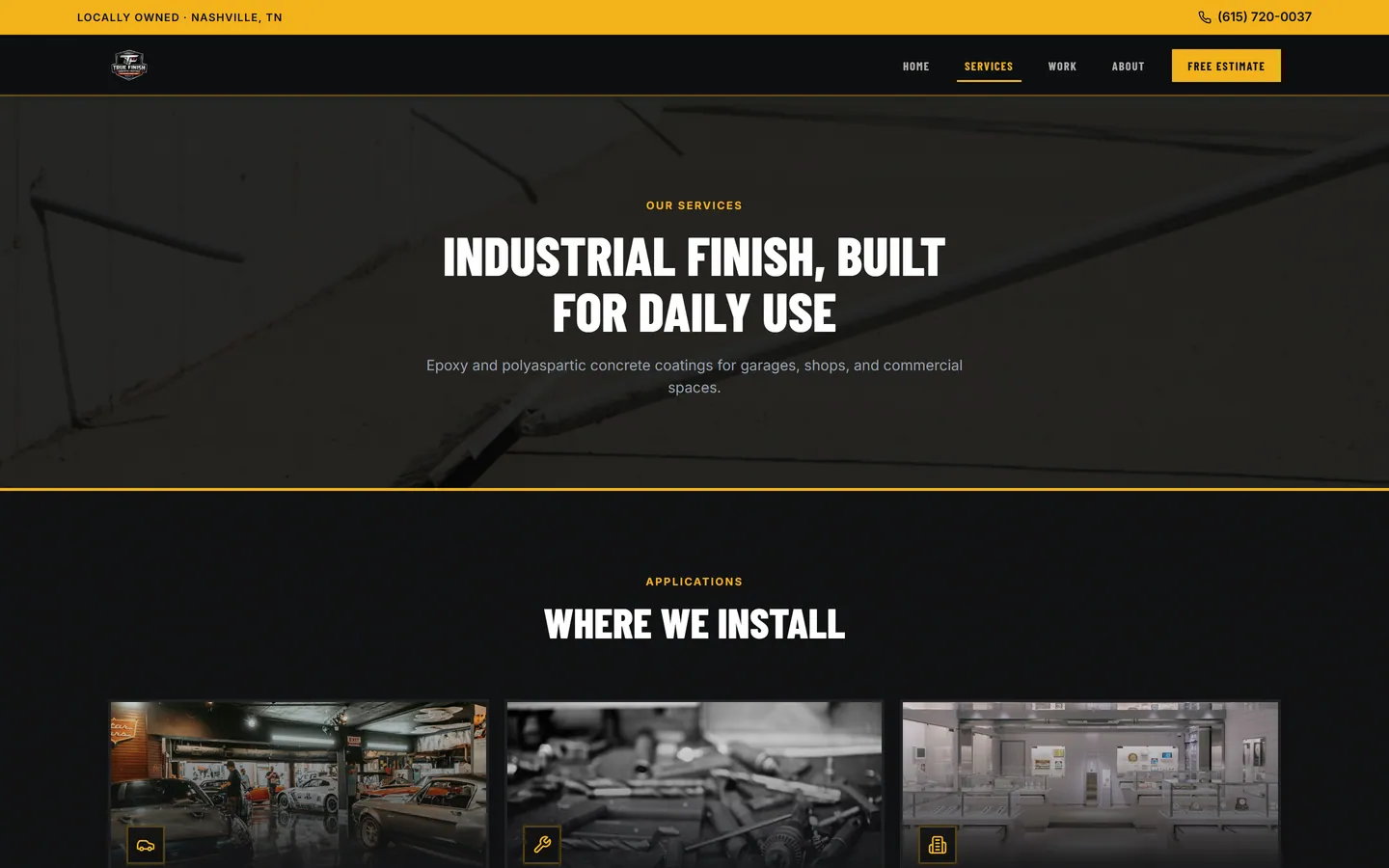 True Finish /services page hero with industrial photography backdrop and applications grid showing residential, commercial, and shop installs.